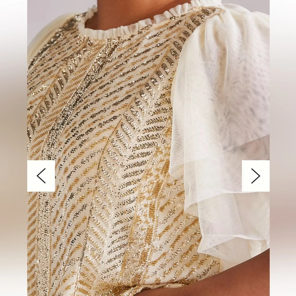 Anthropologie Gold and Cream Embellished Puff-Sleeve Blouse